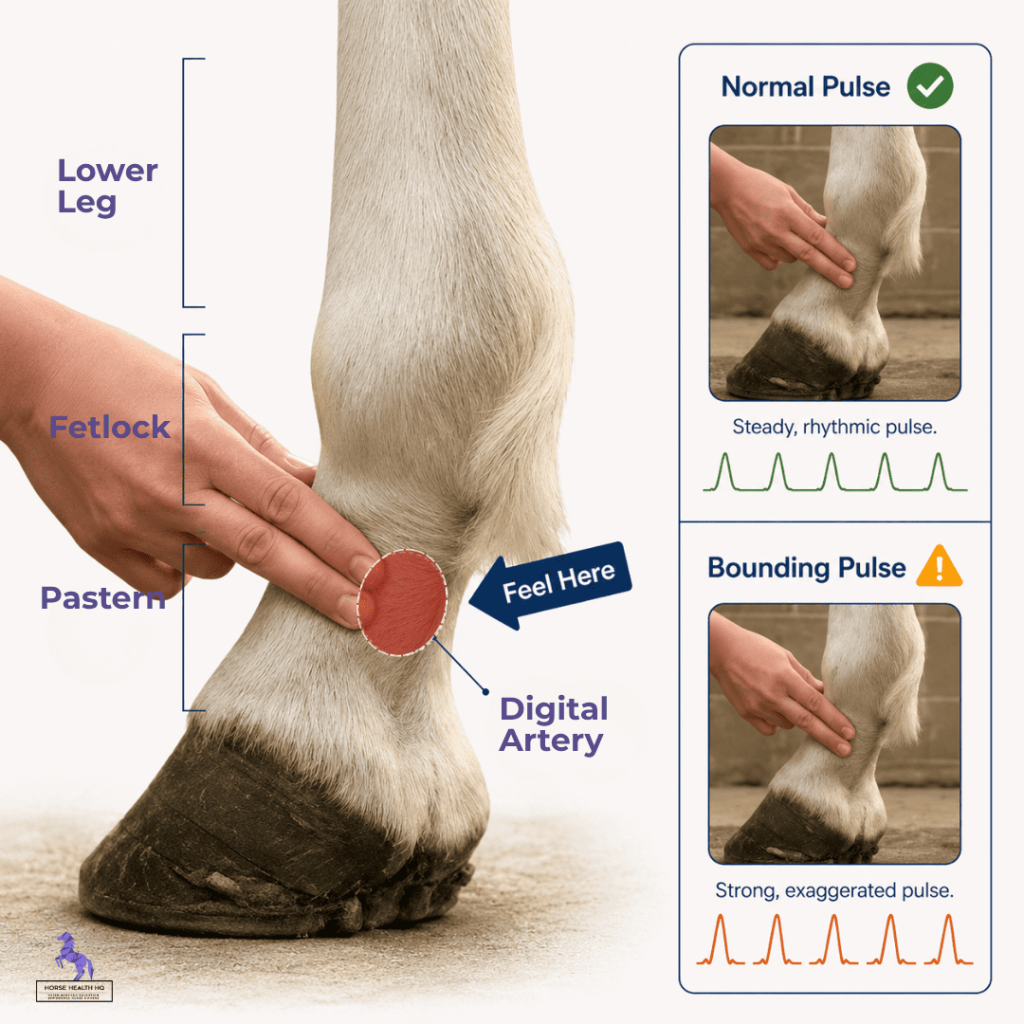 Hand placement showing where to check a horse's digital pulse near the fetlock.