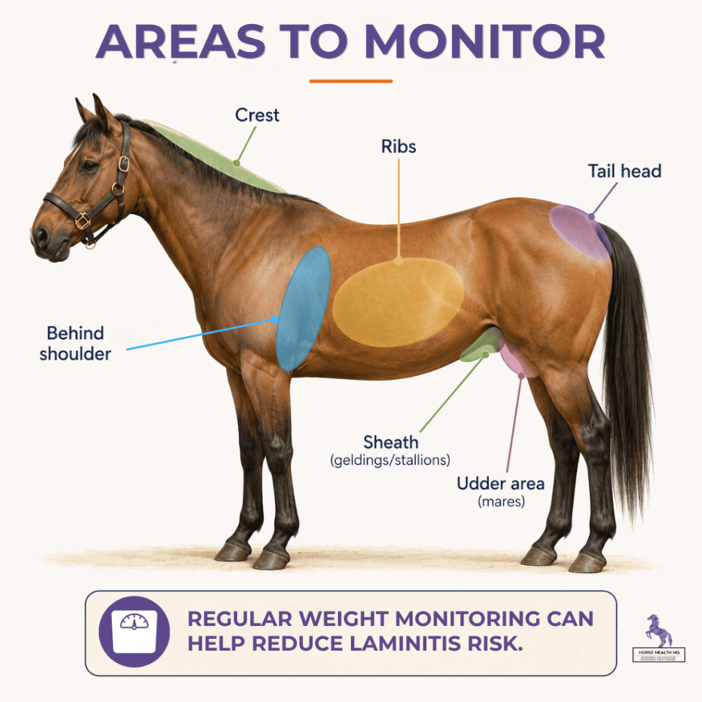 Horse body condition diagram highlighting common fat storage areas associated with increased laminitis risk.