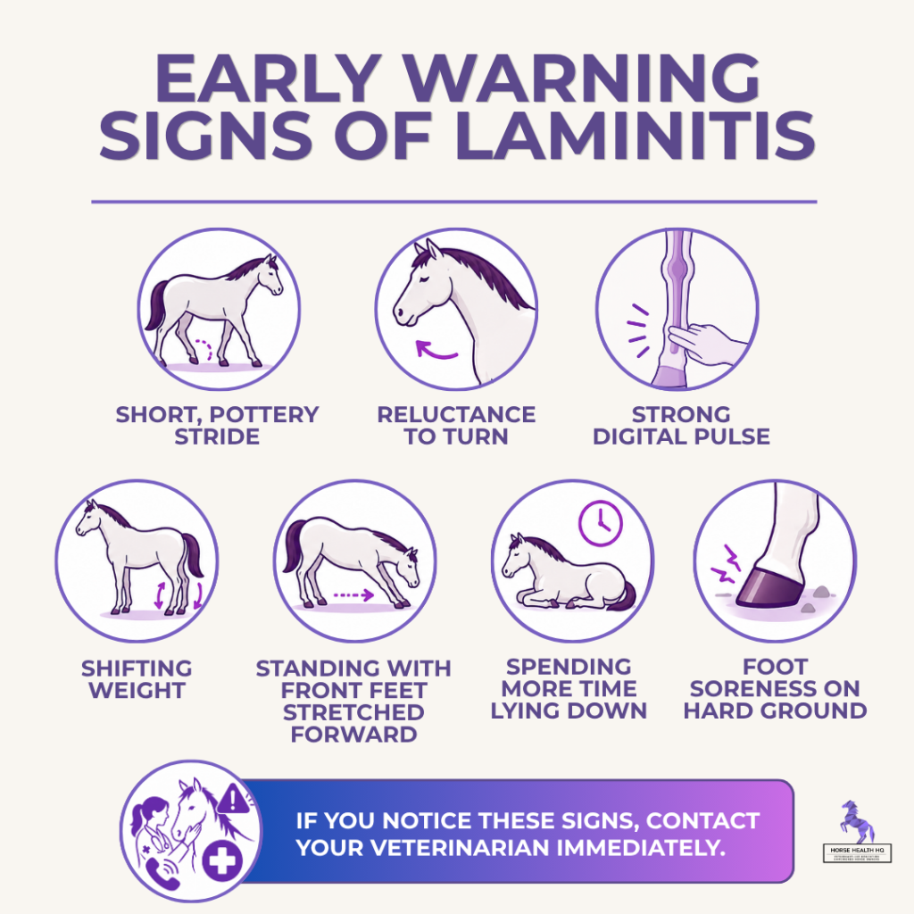 Infographic showing the early warning signs of laminitis in horses.