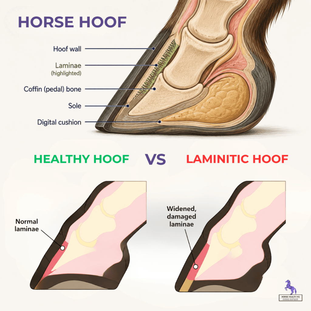 Cross-section of a healthy horse hoof compared with a hoof affected by laminitis.