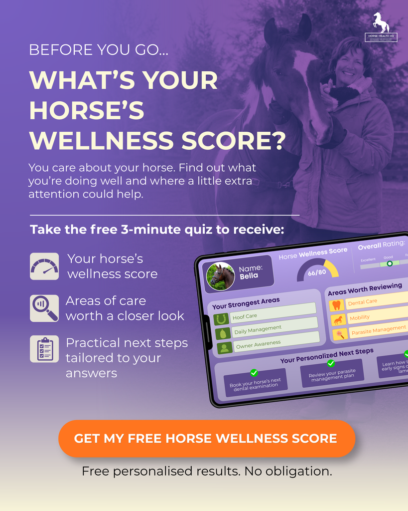 Promo graphic inviting owners to take a free 3-minute quiz to get their horse's wellness score