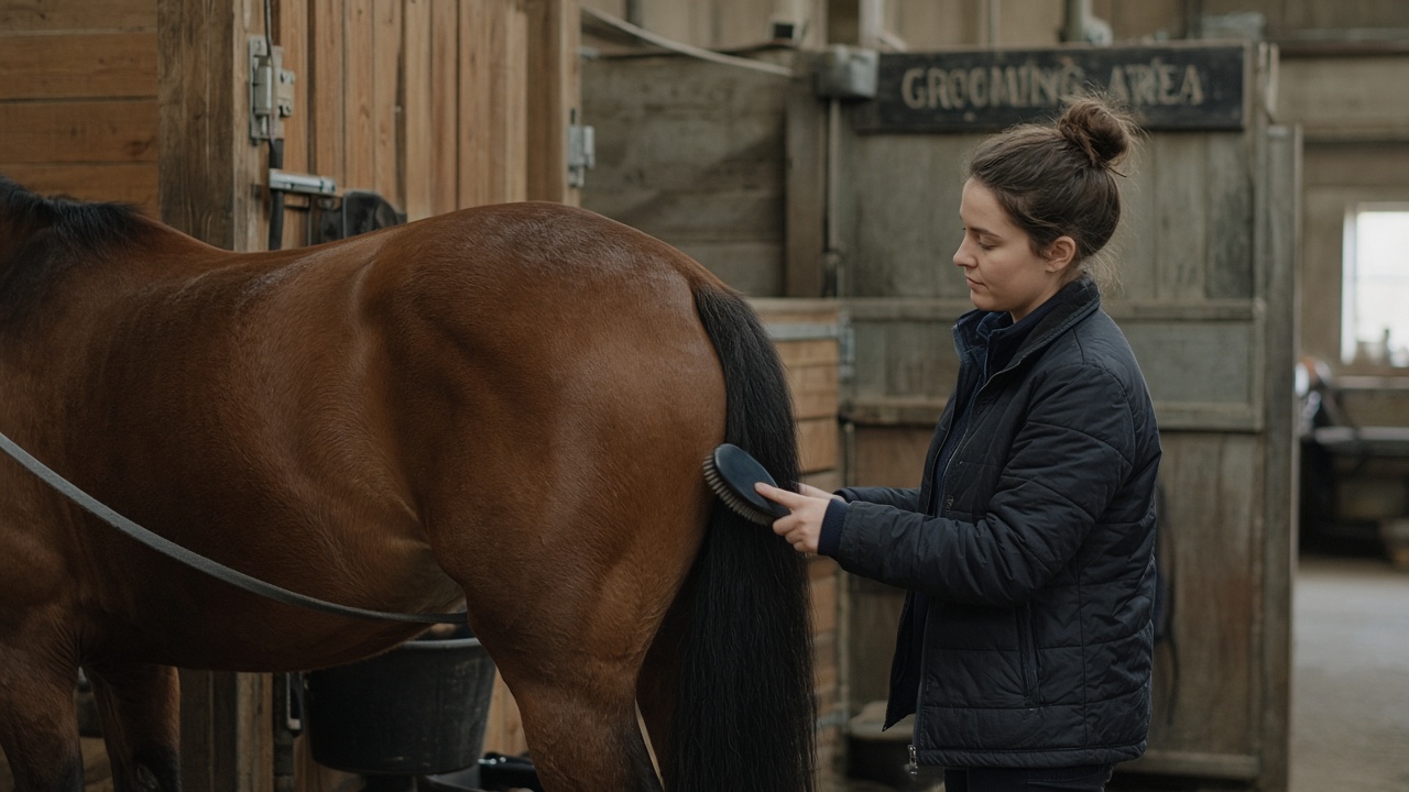 Owner calmly checking a horse during grooming as part of everyday horse health observation.